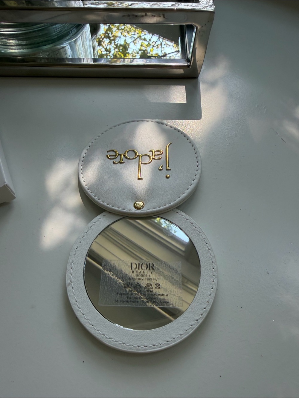 Dior White Leather Round Tag Mirror with Gold 'j'adore' Emblem - Picture 2 of 4